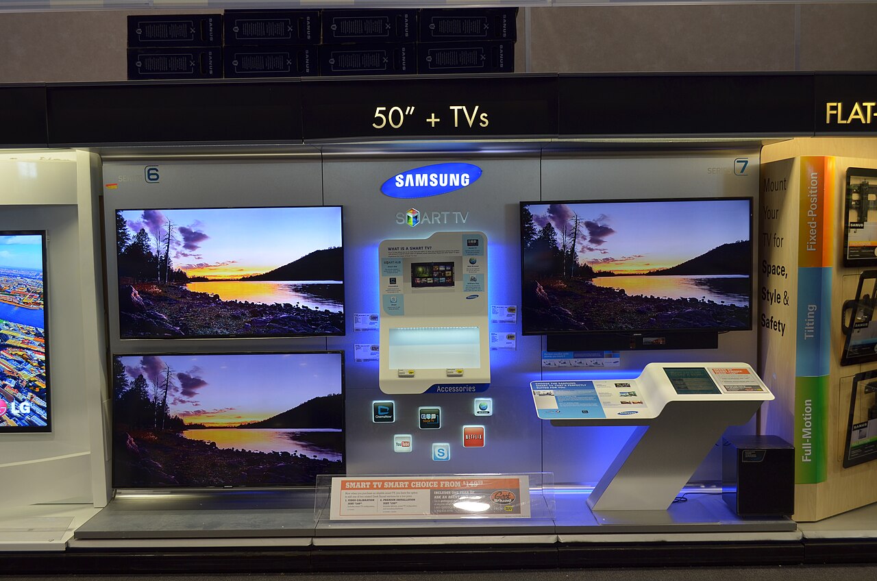 Samsung smart TVs on display in a store