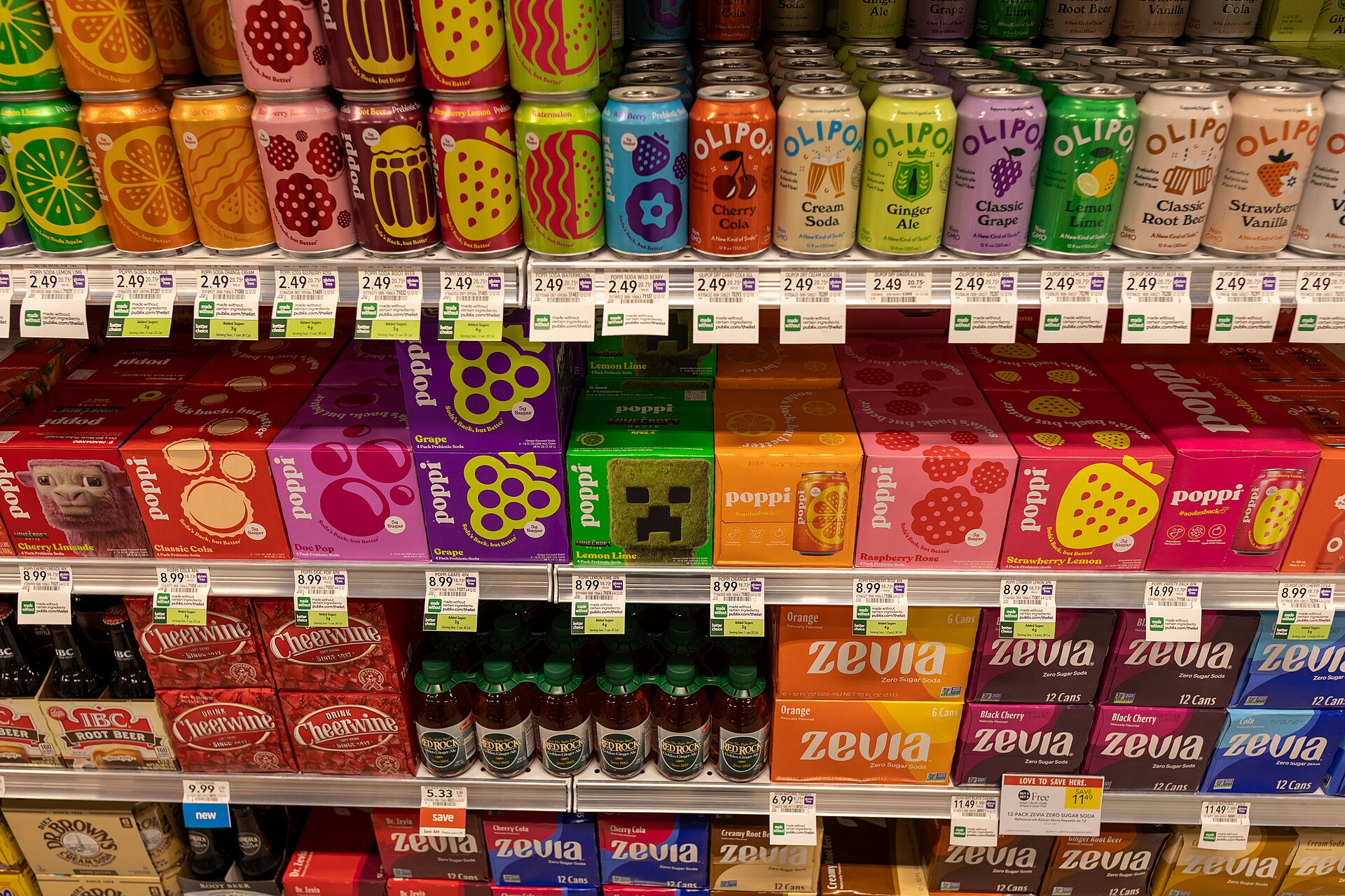 Rows of soft drink bottles on a supermarket shelf